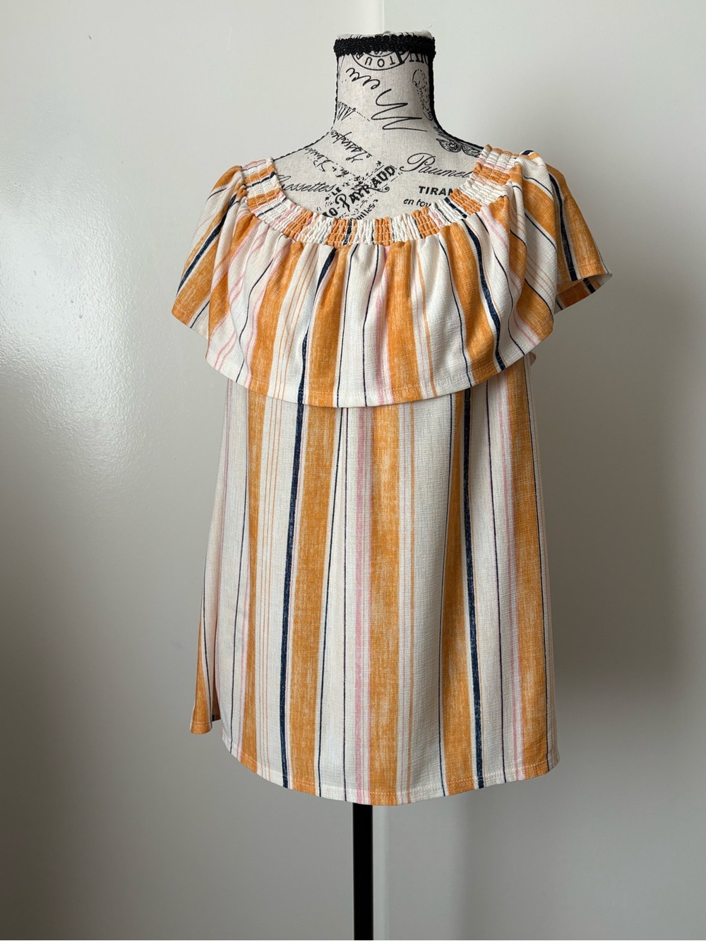 LC Lauren Conrad Striped Ruffle Blouse — White, Mustard & Navy